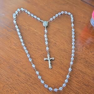 Crystal Rosary Clear Holy Land Necklace Cross Crucifix Catholic EAU De Lourdes